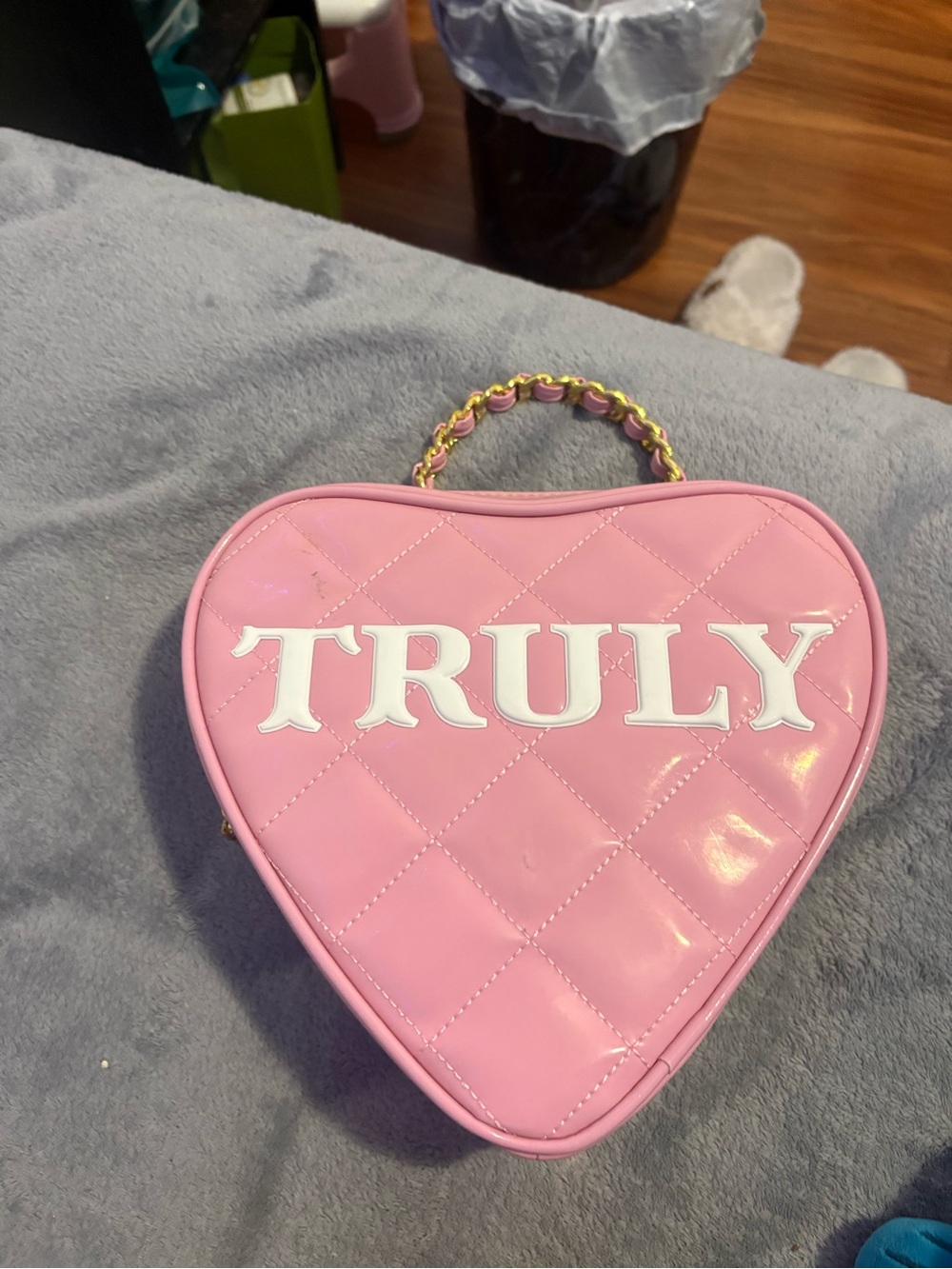 TRULY Pink Heart-Shaped Quilted Patent Mini Bag with Gold Chain Handle